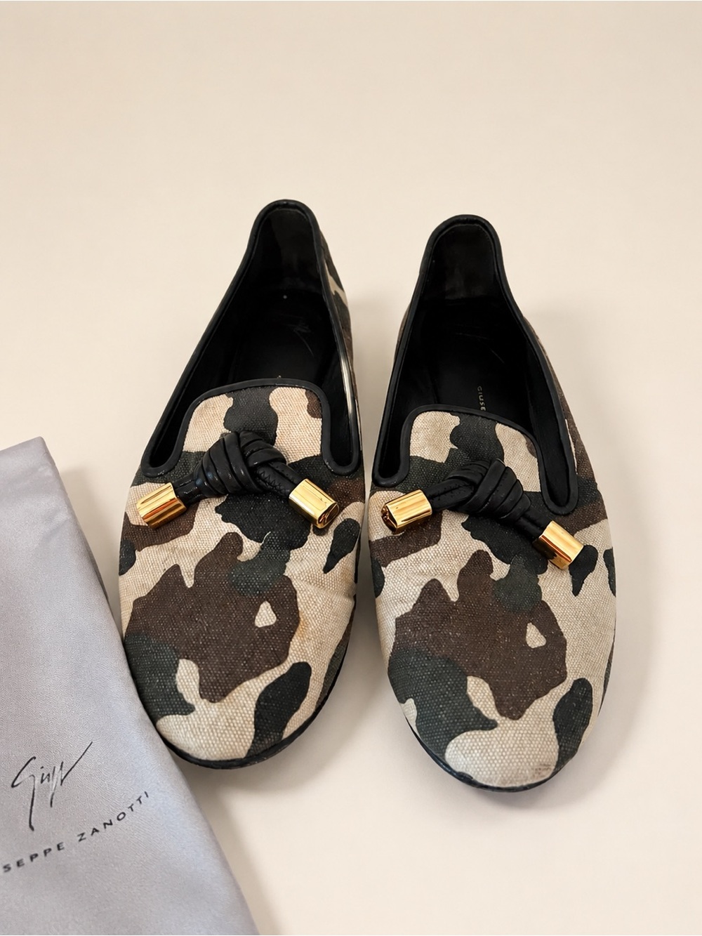 Giuseppe Zanotti Camo Canvas Loafers Gold Knot Flats Size 38 Made in Italy